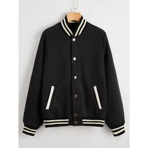 Striped Button Up varsity Bomber Jacket black white preppy vintage letterman